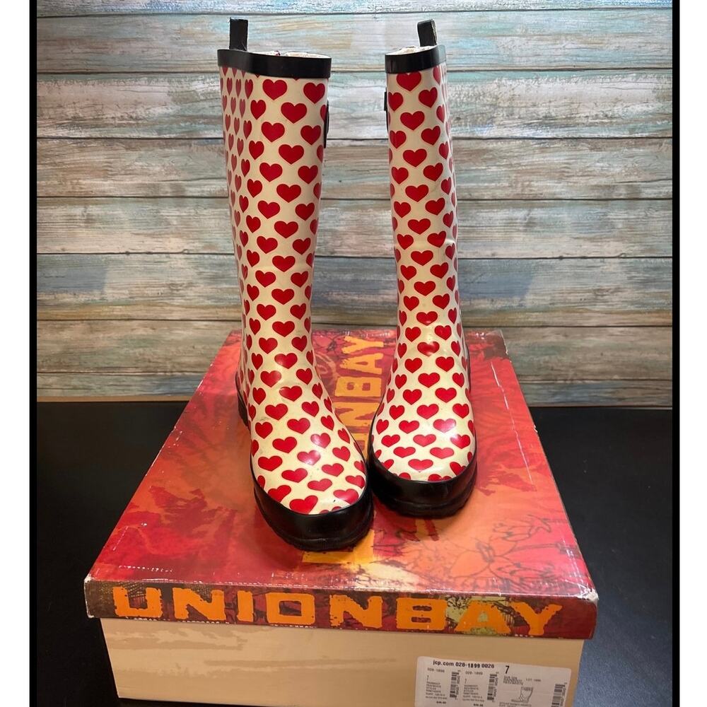 Unionbay Y2K Rainey Hearts Tall Rain Boots Women’s 7 Red White Rubber Valentine